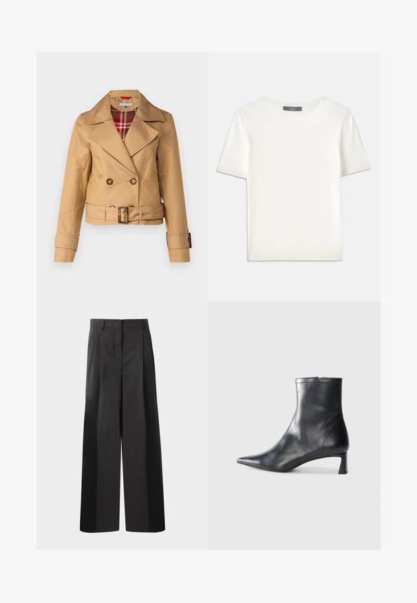 Tan double-breasted jacket with wide lapels, belted waist, button accents, and a plaid lining visible at the collar. Smooth fabric texture.; White short-sleeve knit top with a round neckline, featuring a smooth texture and subtle ribbed accents at sleeves and hem.; Black wide-leg trousers with a high waist, featuring front pleats, a smooth texture, and a tailored finish. Designed for a relaxed fit.; Black leather ankle boot with a pointed toe and a sleek design. Features a low heel and a zipper closure at the back. Smooth texture.
