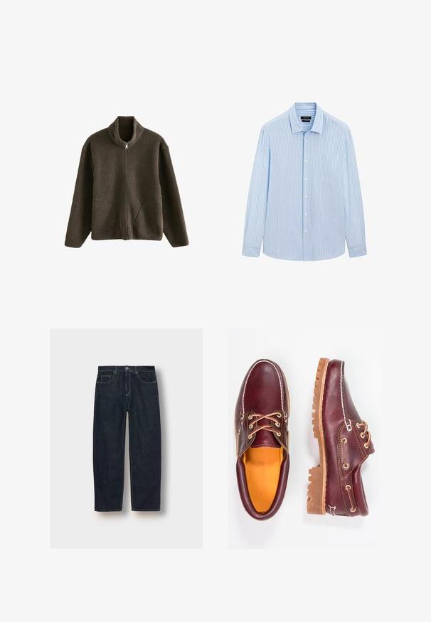 Veste en polaire marron avec un col haut, fermeture éclair intégrale et poches latérales. Le tissu texturé a un aspect doux et moelleux.; Chemise bouton-uppée bleu clair avec des rayures verticales blanches, à manches longues, col classique et ourlet droit. Tissu en mélange de coton.; Jean en denim bleu foncé à coupe ample, avec cinq poches et des coutures en contraste. Fermeture à bouton et à fermeture éclair. Texture lisse.; Chaussures en cuir bourgogne avec semelles en caoutchouc marron, bout rond, couture blanche et œillets dorés. L'intérieur présente une doublure jaune.