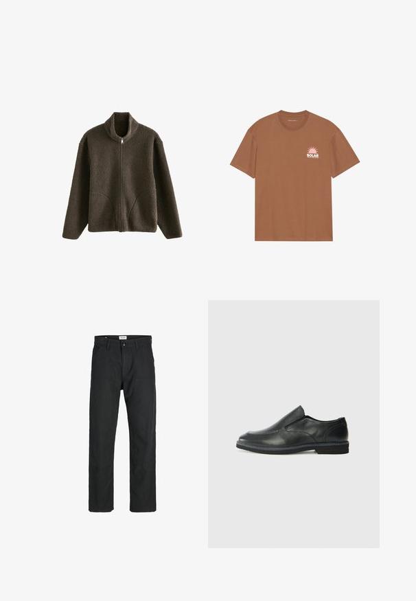 Brązowa polarowa kurtka z wysokim kołnierzem, pełnym zamkiem błyskawicznym i bocznymi kieszeniami. Teksturowany materiał ma miękki, puszysty wygląd.; Brązowa koszulka z krótkim rękawem wykonana z bawełny, z różową grafiką słońca i napisem "SOLAR" na lewej piersi. Design z okrągłym dekoltem.; Czarne spodnie wykonane z trwałego materiału, z prostym krojem nóg, przeszyciami i dwiema przednimi kieszeniami dla funkcjonalności.; Czarne skórzane buty wsuwane z gładką cholewką, przeszyciami, okrągłym noskiem i niskim gumowym obcasem. Podeszwa ma minimalny bieżnik.