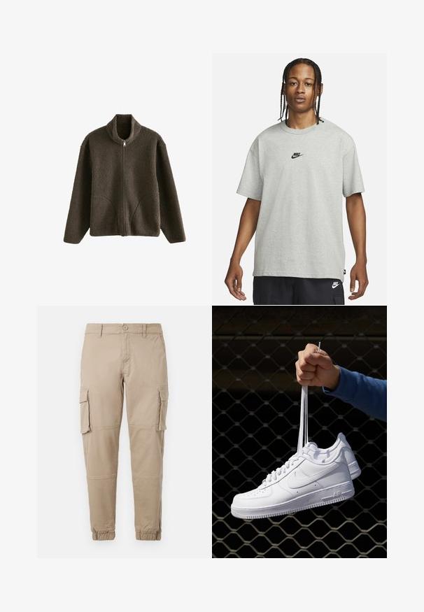 Veste en polaire marron avec un col haut, fermeture éclair intégrale et poches latérales. Le tissu texturé a un aspect doux et moelleux.; Jeune personne avec des cheveux tressés portant un t-shirt Nike gris clair et un short Nike noir sur un fond blanc uni.; Pantalons cargo beiges en coton léger. Comprend des poignets élastiques, plusieurs poches latérales et une fermeture à bouton.; Baskets en cuir blanc avec perforations, à bout rond, semelle plate et lacets épais, arborant un logo swoosh visible et "AIR" sur le talon.