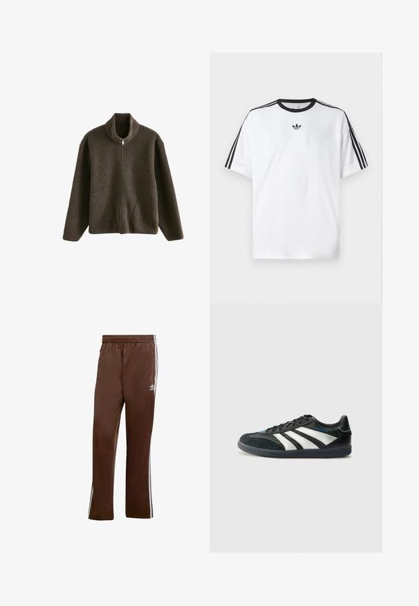 Barna bolyhos dzseki magas gallérral, teljes cipzárral és oldalsó zsebekkel. A textúrált anyag puha, plüss megjelenésű.; Fehér pamut póló, fekete kerek nyakkal, mindkét vállán három fekete csíkkal. Kis fekete logó a mellkason.; Barna sportnadrág sima anyagból, fehér oldalcsíkokkal és elasztikus derékpántra. Mindkét oldalon zsebek találhatók.; adidas Performance PREDATOR FREESTYLE JUDE INDOOR FOOTBALL SHOES - Beltéri futballcipő - core black/silver-coloured/glory blue