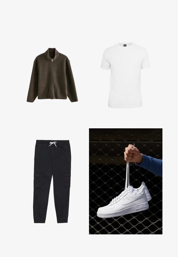 Brown fleece jacket with a high collar, full zipper, and side pockets. Textured fabric features a soft, plush appearance.; White short-sleeve t-shirt, made of cotton, featuring a crew neckline and a smooth texture, designed for casual wear.; Black cargo pants made of cotton, featuring an elastic waistband with a drawstring, side pockets, and tapered cuffs.; White leather sneakers with perforations, round toe, flat sole, and thick laces, featuring a visible swoosh logo and "AIR" on the heel.