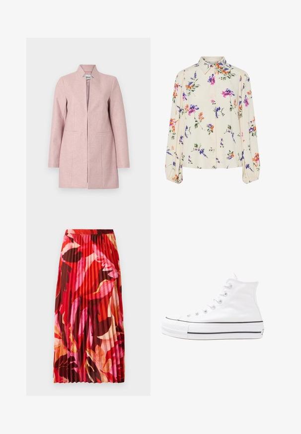 Ανοιχτό ροζ παλτό από μείγμα μαλλιού με σχέδιο χωρίς γιακά, μακριά μανίκια και δύο μπροστινές τσέπες. Διαθέτει ίσια γραμμή και καθαρές γραμμές.; Λουλουδάτη μπλούζα με μακριά φουσκωτά μανίκια, σε απαλό κρέμ χρώμα, που διαθέτει μωβ, πορτοκαλί και πράσινα λουλουδάτα μοτίβα, καθώς και κλασικό σχέδιο γιακά.; Πλισέ μακριά φούστα σε ζωντανό κόκκινο, ροζ και καφέ floral σχέδιο. Ελαστική ζώνη στη μέση και λεία υφή που ενισχύει την άνεση και το στυλ.; Λευκό ψηλό καμβαδάκι αθλητικό παπούτσι με μαύρη καουτσούκ σόλα, πρόσθιο καουτσούκ καλύμματος δακτύλου και έξι οπές για κορδόνια, με μια καθαρή και μίνιμαλ σχεδίαση.