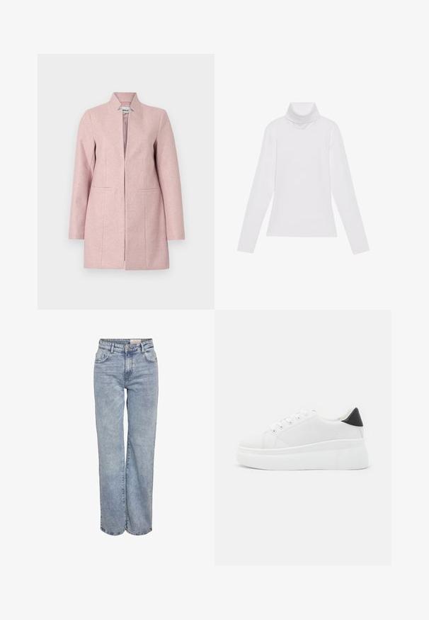 Cappotto in misto lana di un rosa chiaro, con design senza colletto, maniche lunghe e due tasche frontali. Presenta una vestibilità dritta e linee pulite.; Maglia a maniche lunghe bianca a collo alto realizzata in tessuto morbido ed elastico. Presenta un colletto alto e un design aderente, senza motivi o decorazioni visibili.; Jeans a gamba larga di colore azzurro chiaro realizzati in denim, con vita alta, design a cinque tasche e leggera scoloritura per un aspetto vissuto.; Sneakers platform bianchi realizzati in materiale sintetico liscio, con punta arrotondata, design con lacci e suola in gomma texture. Accento nero nel tallone.