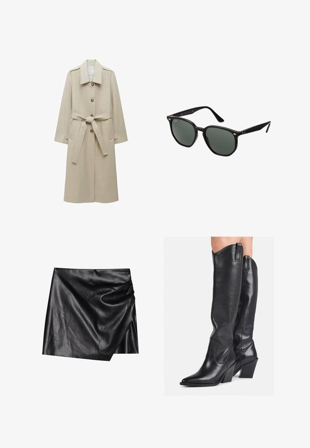 Beżowy płaszcz trenchowy wykonany z gładkiego materiału, z wyciętym kołnierzem, guzikami z przodu, paskiem w talii do związania oraz dwoma bocznymi kieszeniami.; Czarny, dzianinowy sweter z długimi, prążkowanymi rękawami i szerokim dekoltem. Posiada materiałowy sznurek z tyłu. Miękka tekstura i luźny krój.; Czarna skórzana mini spódnica z zakładanym fasonem, charakteryzująca się miękką, gładką teksturą oraz subtelnymi fałdami po jednej stronie.; Czarne skórzane kozaki sięgające do kolan z wąskim noskiem, wygiętym cholewką i grubym obcasem. Posiadają gładką fakturę oraz uchwyty u góry.; Czarne okulary przeciwsłoneczne z prostokątnymi oprawkami, ciemnozielonymi soczewkami i subtelnymi srebrnymi akcentami na zewnętrznych rogach oprawek.
