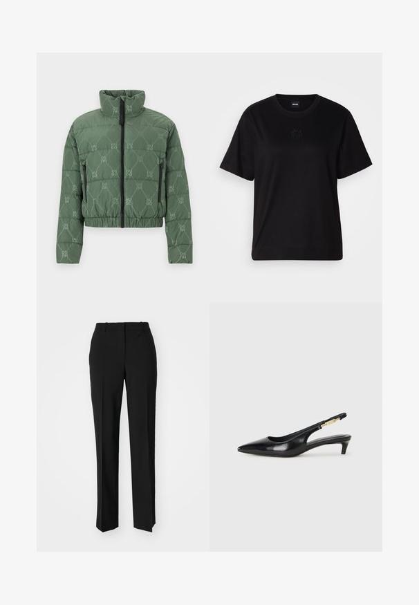 Giacca a vento imbottita di colore verde oliva, con colletto alto, tasche con zip e motivo logo su tutta la superficie. Vita e polsini elasticizzati.; Maglietta in cotone nera con scollatura tonda, maniche corte e logo ricamato sul petto. Design semplice e vestibilità rilassata senza motivi.; Pantaloni neri su misura con un design a gamba dritta, caratterizzati da una texture liscia e pieghe ben definite sul davanti. Senza hardware visibile.; Tacchi slingback in pelle nera con punta affusolata, caratterizzati da un tacco alto e un accento dorato sulla cinghia regolabile. Texture liscia.
