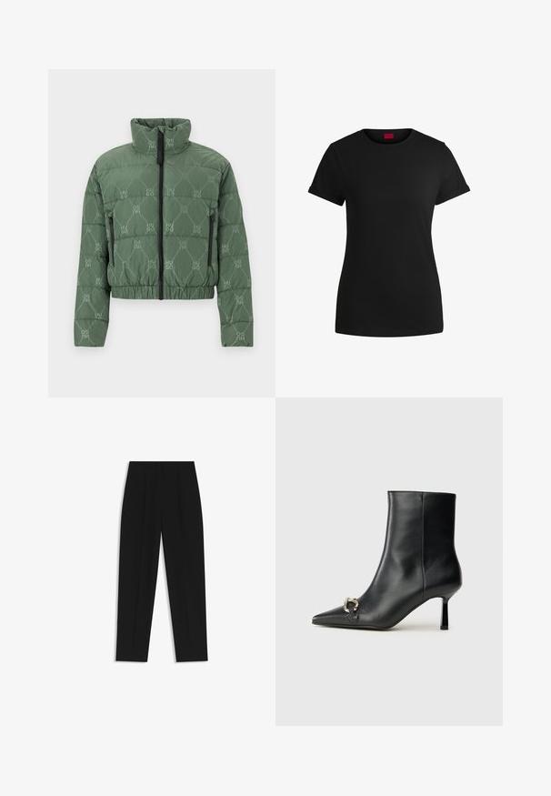 Quilted puffer jacket in olive green, featuring a high collar, zippered pockets, and all-over logo pattern. Elastic waist and cuffs.; Black cotton t-shirt with short rolled sleeves, a round neckline, and a red label. Smooth texture, fitted shape with minimal detailing.; Black trousers with a straight fit, featuring double pleats, a smooth texture, and a classic waistband design. No visible hardware or accents.; Black leather ankle boot with pointed toe, slim mid-height heel, and silver buckle detail on side against plain background.