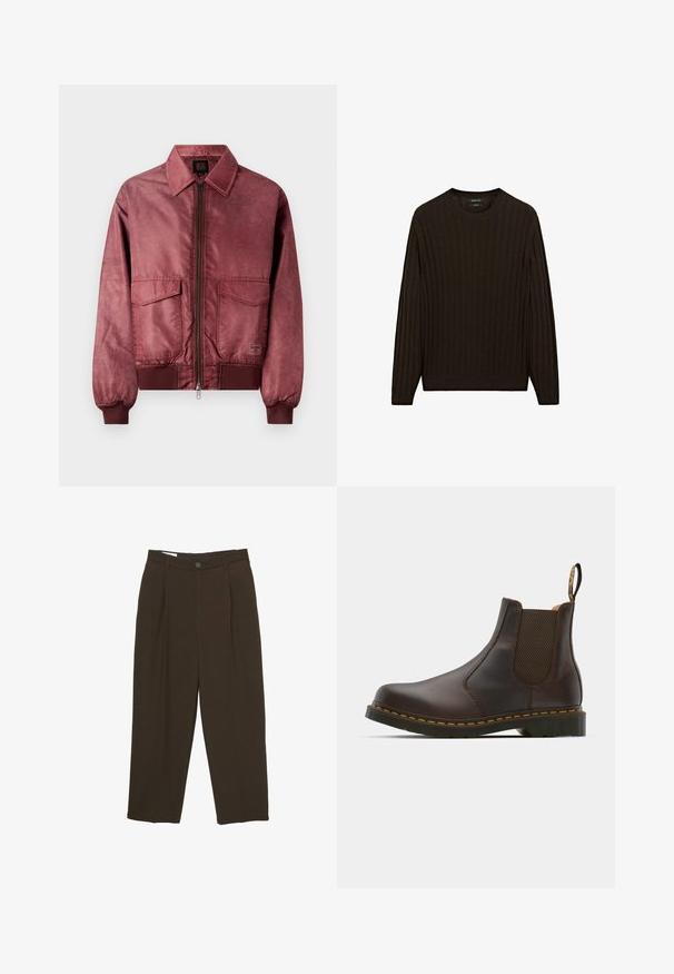 Burgundy bomberjacka med dragkedja framtill, två bröstfickor, ribbade ärmslut och en slät, satinliknande textur. Har en klassisk kragdesign.; Brun ribbad tröja med långa ärmar och rund hals. Har ett texturerat tyg och en tajt passform vid midjan och ärmsluten.; Mörkbruna skräddarsydda byxor med veck fram, bälteshällor och knäppning i midjan.; Brun läder Chelsea-stövlet med elastiska sidopaneler, texturerad klack och kontrasterande gul söm. Har en dragflik för enkel påtagning.