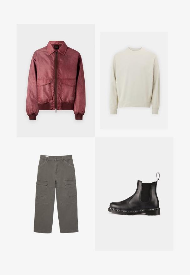 Burgundy-bombertakki vetoketjulla edessä, kahdella rintataskulla, ribbireunuksilla ja sileällä satiinimaiseen tekstuurilla. Klassinen kauluksellinen muotoilu.; Vaaleanbeige huppari, joka on valmistettu pehmeästä kankaasta, jossa on pyöreä kaula-aukko, pitkät hihat sekä joustavat hihansuut ja helma. Minimalistinen muotoilu, ilman näkyviä kuvioita.; Cargo-housut hillityssä harmaassa värissä, puuvillakankaasta, joissa on kaksi sivutaskua ja kaksi suurta etutaskua, suoranlahkeinen muotoilu.; Musta nahkainen Chelsea-boot, jossa on elastiset sivupaneelit, pyöreä kärki, vetotasku, valkoinen ommel pohjassa ja kuvioitu kumipohja.