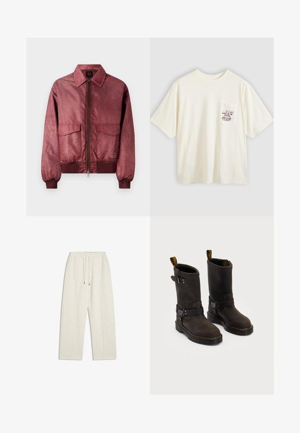Jachetă bomber burgundă cu fermoar în față, două buzunare pe piept, manșete ribbate și textură netedă, asemănătoare satinului. Dispune de un design clasic cu guler.; Tricou din bumbac de culoare alb crem, cu mâneci scurte, având o buzunar pe partea stângă a pieptului și text grafic marsala. Croială lejeră și guler rotund.; Pantaloni de trening largi, de culoare bej deschis, confecționați dintr-un material moale. Prezintă o talie elastică cu cordon și buzunare laterale pentru utilitate.; Bocanci din piele maro închis cu un design până la jumătatea tibiei, cusături galbene, curele cu catarame ajustabile și bucle pentru tragere în partea de sus. Finisaj texturat.
