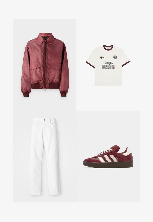 Burgunderfarbene Bomberjacke mit Reißverschluss vorne, zwei Brusttaschen, gerippten Bündchen und glatter satinähnlicher Textur. Besitzt ein klassisches Kragendesign.; Weißes T-Shirt mit kurzen Ärmeln und burgunderfarbenen Akzenten, mit dem Text "Escape BERLIN" in der Mitte auf der Vorderseite, "Mitte" auf der linken Brust und einem runden Emblem mit zwei Sternen auf der rechten Brust.; Weiße Denim-Hosen mit geradem Bein, ausgestattet mit einem Frontknopf und einem Reißverschluss, fünf Taschen und einem sauberen, strukturierten Finish.; adidas Originals SAMBA XLG UNISEX - Sneaker low - noble maroon/core white