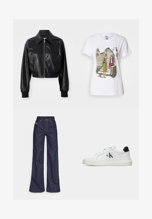 Jachetă din piele neagră, scurtă, cu guler ascuțit, închidere cu fermoar și manșete și tiv elasticizate negre. Include buzunare laterale.; T-shirt alb din bumbac, cu o ilustrație imprimată ce înfățișează două femei în stiluri de modă urbană, alături de un câine pe o trecere de pietoni și clădiri ale orașului.; Blugi taille mare, de culoare albastru închis, din material denim, cu croială largă, cu cusături portocalii, design cu cinci buzunare și închidere cu nasture.; Adidași albi cu glezna joasă, cu tab-ul de călcâi negru, talpă platformă, șireturi și logo-ul "CK" de la Calvin Klein pe lateral.