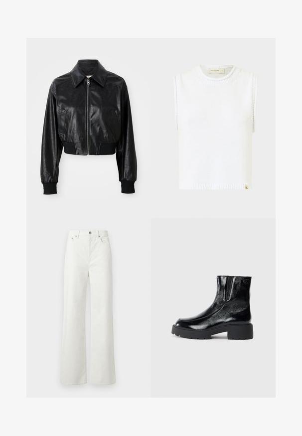 Juodas odinis trumpas švarkas su smailiu apykakle, užtrauktuku ir elastingais juodais rankogaliais bei apdaila. Yra šoninės kišenės.; Balta be rankovių megzta palaidinė su apvaliu kaklu, išraižytu apvadu ir šoninėmis siūlėmis; apačioje yra mažas prekinis ženklas.; Samsøe Samsøe SHELLY - Laisvo kirpimo džinsai - clear cream; Juodi kulkšniniai batai su blizgia lakuota oda, storu juodu guminio pado ir pakeltu kulnu; šone yra subtilus logotipo detalė.