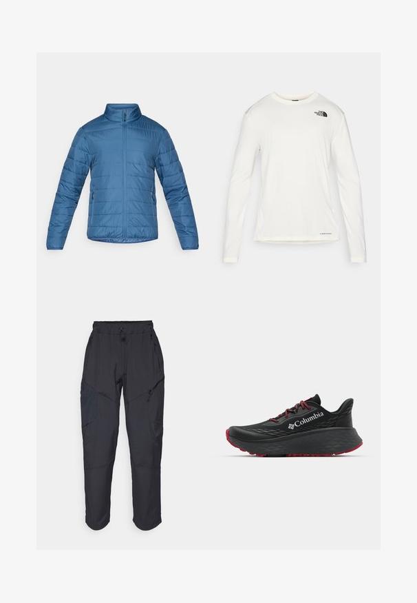 Blå isoleret jakke med standkrave, frontlynlås og sidelommer. Har syede vandrette linjer for tekstur.; Hvid langærmet skjorte med rund hals, struktureret stof, sort logo på venstre skulder og undermærkning nederst.; Sorte cargo bukser lavet af et let, vandafvisende materiale; har elastisk talje, flere lynlåslommer og tætsiddende ben.; Sort atletisk sko med struktureret overdel, røde snørebånd og logo. Tykk sål med mønstret bund for godt greb. Minimalistisk design, set fra siden.