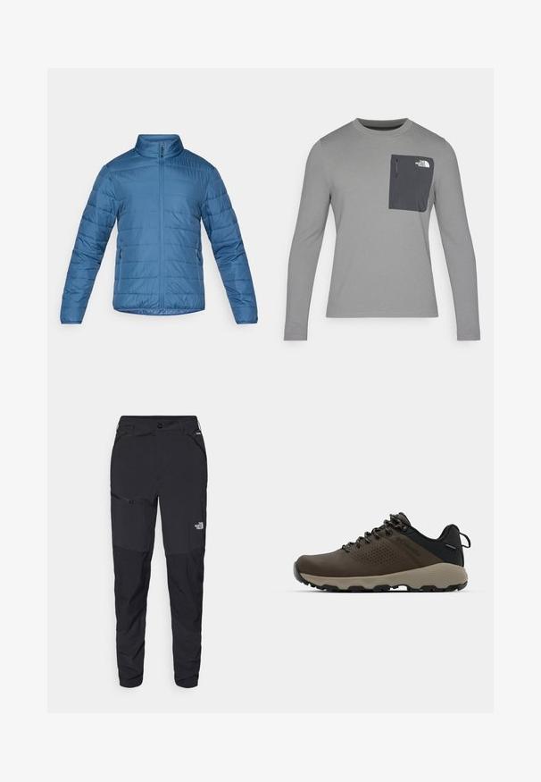 Mėlynas izoliuotas švarkas su stojančia apykakle, priekiniais užtrauktukais ir šoniniais kišenėmis. Yra siūtos horizontalios linijos, suteikiančios tekstūrą.; Ilgų rankovių pilkas marškinis su tekstūruota medžiaga, kuris turi tamsiai pilką krūtinės kišenę ir užtrauktuką. Kišenėje baltas logotipas.; Juodos lauko kelnės su aptemptu siluetu, pagamintos iš patvarios medžiagos. Turi kišenes su užtrauktuku ir diskretišką ženklinimą priekinėje kojoje.; Rudi nepralaidūs sportbačiai su tekstūruota viršutine dalimi, perforuotomis detalėmis, juodu kulno palaikymu ir pilku guminio padu. Šniūreliai yra dekoruoti metaliniais galais.