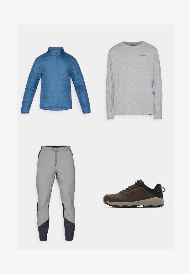 Sinine isoleeritud jakk, millel on seisma jääv krae, esi lukk ja küljetaskud. Omab õmmeldud horisontaaljooni tekstuuri jaoks.; Heledhalli pikkade varrukatega t-särk, mis on valmistatud pehmest, tekstureeritud kangast. Omab ümberkaela lõiget ja väikest sinist Patagonia logo rinna peal.; Kergedatud hallid sportlikud püksid mustade aktsentidega. Elastne vöökoht, stringiga sulgemine, kitsenev jala disain ja küljetaskud.; Kohandatud veekindlad pruunid spordijalatsid tekstuuriga pealisega, perforatsioonidega detailid, must kandetoetav osa ja hall kummine sisetald. Paelad on metallist otstega.