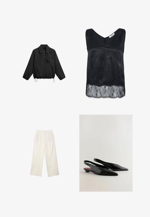 Zwarte lange mouwen pulloverjack met ritssluiting aan de voorkant, grote voorzak, elastische koordonderkant en kraag.; Zwarte mouwloze top van een textuurstof, met een v-hals ontwerp en een kantafwerking met bloemmotieven. Gerafelde randen aan de onderkant.; Brede broekspijpen in crème stof met een gladde textuur, voorzien van een enkele frontknop, subtiele plooien en een hoge taille.; Zwarte slingback schoenen met een puntige neus, voorzien van een gestructureerd oppervlak en een kleine blokhak. De binnenkant heeft een bruine accent.