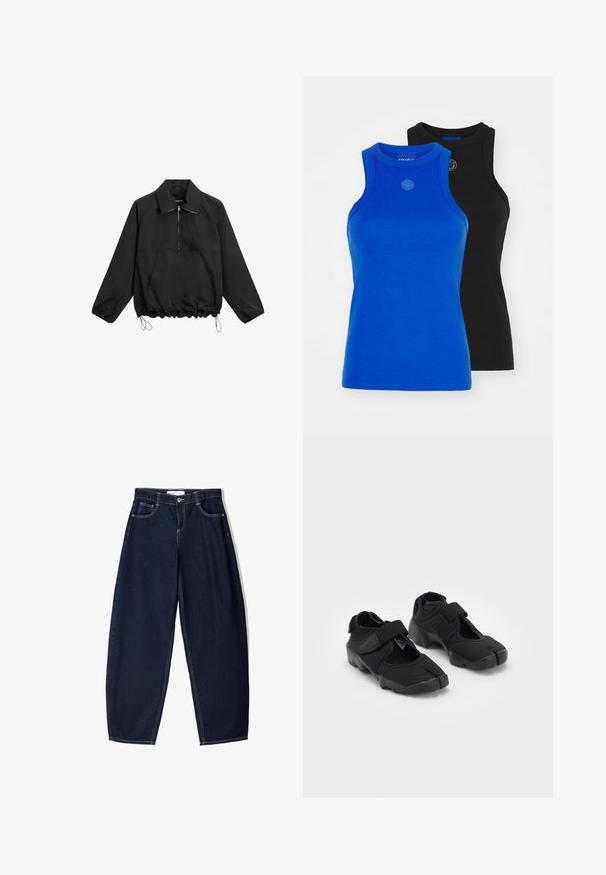 Giacca a pullover nera a maniche lunghe con zip frontale, grande tasca frontale, orlo con cordino elastico e colletto.; HUGO GIFT GIVING 2 PACK - Top - blue/black; Pantaloni in denim blu scuro con vestibilità ampia, dotati di cinque tasche, cuciture a contrasto e chiusura con zip davanti.; Scarpe d'acqua nere realizzate in tessuto flessibile con una fascia in Velcro, dotate di un design unico a punta divisa e suola in gomma texturizzata per una buona aderenza.