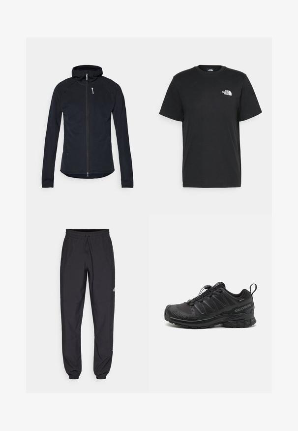 Sort zip-jakke med hætte, lavet af struktureret stof. Har lange ærmer og slim fit med en hvid lynlåstræk accent.; Sort bomulds t-shirt med korte ærmer, rund hals og et lille hvidt logo på venstre bryst. Enkel design, glat tekstur og afslappet pasform.; Sorte atletiske bukser lavet af letvægtsstof, med en snor i taljen, sidelommer og tapered manchetter ved anklerne.; Sort atletik sko med en struktureret syntetisk overdel, polstret sål og et hurtiglukkesystem. Har forstærket tå og hæl.