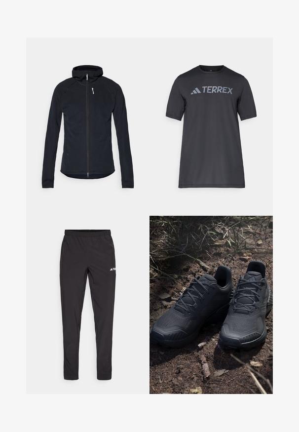 Zwarte zip-up jack met een capuchon, gemaakt van textuurstof. Bevat lange mouwen en een slim fit met een witte ritssluiting accent.; Zwarte korte mouwen t-shirt van lichtgewicht stof, met een lichtgrijze "TERREX" logo over de borst en een ronde hals.; Zwarte sportbroek met een elastieke tailleband, twee zijzakken met rits en een logo op de bovenkant van het rechterbeen. Soepele, lichte stof.; Zwarte sportieve schoenen met een gestructureerde gebreide bovenkant, verstevigde neus en een gevoerde zool, tentoongesteld op aardse grond met verspreide takjes.