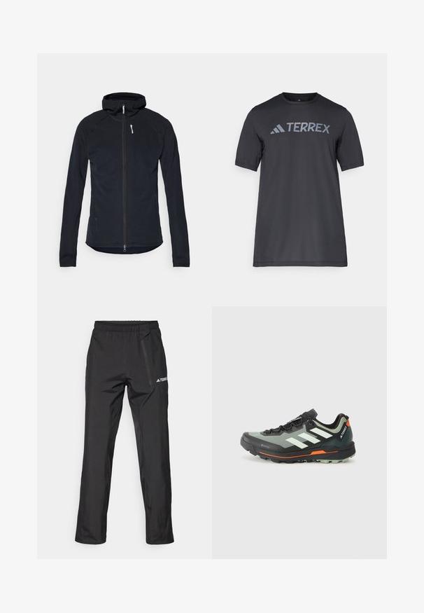 Črna zip-up jakna s kapuco, narejena iz teksturirane tkanine. Ima dolge rokave in slim fit kroj ter bel poudarjen zadrgo.; Črna majica s kratkimi rokavi iz lahkega materiala, ki ima odtisnjen svetlo sivi logotip "TERREX" čez prsi in okrogel izrez.; Črne lahke pohodne hlače z elastičnim pasom, žepki z zadrgo in natisnjenim logotipom. Gladek tekstura in ravno krojene hlače.; Lahka tekaška čevlja za trail s sivim in črnim mrežastim zgornjim delom, oranžnimi poudarki in robustnim podplatom za oprijem. Vodoodporna Gore-Tex podloga.