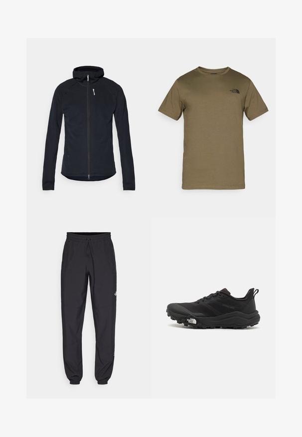 Black zip-up jacket with a hood, made of textured fabric. Features long sleeves and a slim fit with a white zip pull accent.; Olive green short-sleeve T-shirt made of soft fabric, featuring a small black logo on the left chest and a classic crew neckline.; Black athletic pants made from lightweight fabric, featuring a drawstring waistband, side pockets, and tapered cuffs at the ankles.; Black trail running shoe with a textured upper, rubber sole, and reinforced toe cap. Features a padded collar and pull tab for easy wear.