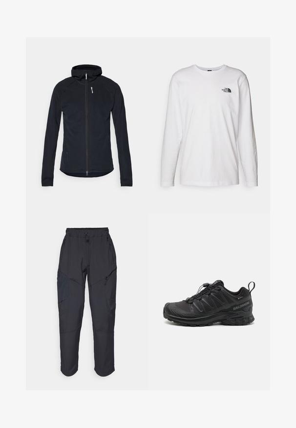 Zwarte zip-up jack met een capuchon, gemaakt van textuurstof. Bevat lange mouwen en een slim fit met een witte ritssluiting accent.; Witte lange mouwen T-shirt gemaakt van katoen met een ronde hals. Beschikt over een klein zwart logo op de borst. Soepele textuur, normale pasvorm.; Zwarte cargo pants gemaakt van een lichtgewicht, waterafstotend materiaal; voorzien van een elastische tailleband, meerdere met rits gesloten zakken en taps toelopende pijpen.; Zwarte sportieve schoen met een gestructureerde synthetische bovenkant, een gevoerde zool en een snelvetersysteem. Heeft een verstevigde neus en hiel.