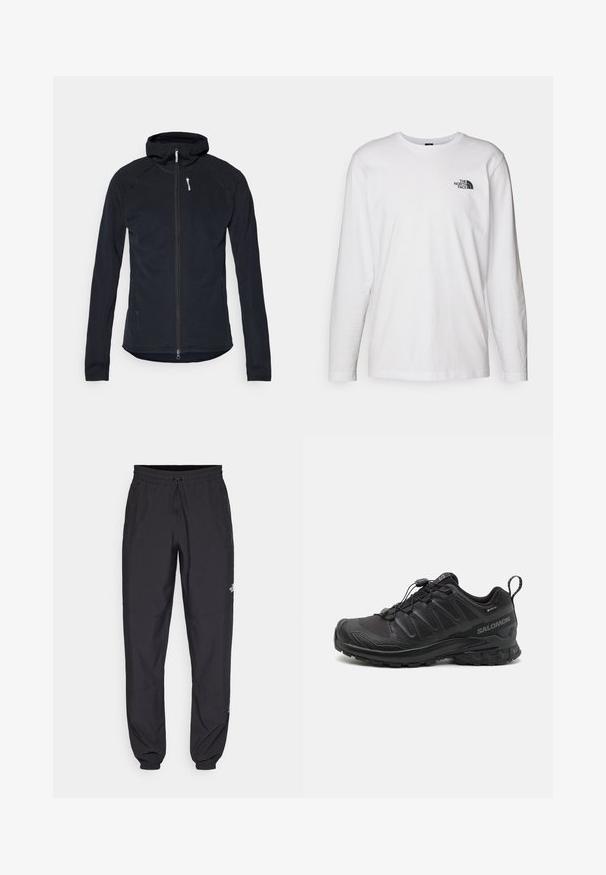 Sort zip-jakke med hætte, lavet af struktureret stof. Har lange ærmer og slim fit med en hvid lynlåstræk accent.; Hvid langærmet T-shirt lavet af bomuld med rund hals. Har et lille sort logo på brystet. Glat tekstur, almindelig pasform.; Sorte atletiske bukser lavet af letvægtsstof, med en snor i taljen, sidelommer og tapered manchetter ved anklerne.; Sort atletik sko med en struktureret syntetisk overdel, polstret sål og et hurtiglukkesystem. Har forstærket tå og hæl.