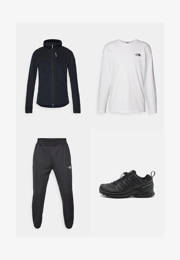 Schwarze Zip-Jacke mit Kapuze, aus strukturiertem Stoff. Sie hat lange Ärmel und einen schlanken Schnitt mit einem weißen Reißverschluss-Zug.; Weißes langärmliges T-Shirt aus Baumwolle mit Rundhalsausschnitt. Verfügt über ein kleines schwarzes Logo auf der Brust. Glatte Textur, reguläre Passform.; Schwarze Jogginghose mit verstellbarem Bund, schlanker Passform, elastischen Bündchen und einem kleinen weißen Logo am linken Oberschenkel, hergestellt aus glattem Stoff.; Schwarzer Sportschuh mit einer strukturierten, synthetischen Oberseite, gepolsterten Sohle und einem schnellen Schnürsystem. Verfügt über eine verstärkte Zehen- und Fersenkappe.