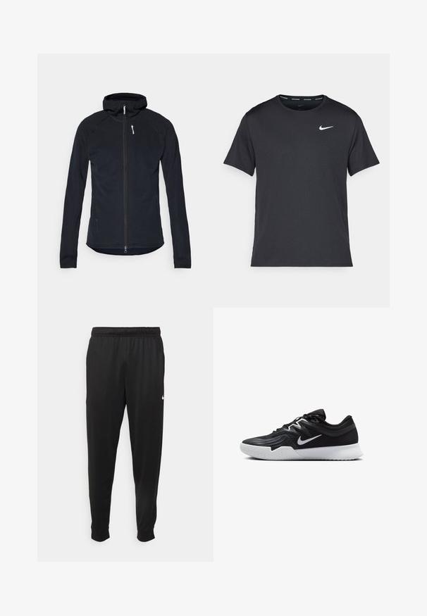 Mustvalge tõmbluku ja kapuutsiga jakk, mis on valmistatud tekstuurilisest kangast. Omab pikki varrukaid ja kitsast lõiget, valge tõmbluku tõmblukku aktsendina.; Mustamust Nike'i jooksupaita, mis on valmistatud kergest ja hingavast materjalist, lühikeste varrukatega ja mille rinnal on väike valge logo.; Mustad mustekad athletic-püksid sujuvast kangast, elastse vöökoha, kitsenevate jalgade ja väikese valge logoga vasakul küljel.; Must mustad jalanikesad rikaste ülaservaga, valge Nike swoosh'i ja valge kummist välispõhjaga. Omab paeltega sulgemisdetaili ja dünaamilist kuju.