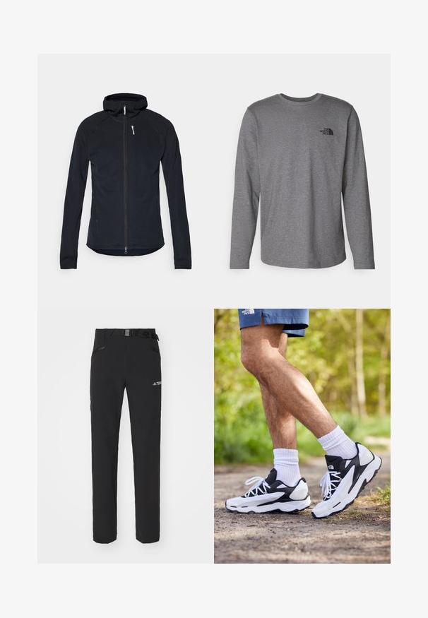 Zwarte zip-up jack met een capuchon, gemaakt van textuurstof. Bevat lange mouwen en een slim fit met een witte ritssluiting accent.; The North Face M L/S SIMPLE DOME TEE - Longsleeve - medium grey heather; Zwarte outdoorbroeken van gladde stof, met zijzakken met rits, verstevigde knieën en een verstelbare tailleband met een gesp.; Zwart-witte sportschoenen met een mesh bovenkant, tekstuuraccenten en witte veters. Draag gedragen met witte enkelsokken en marineblauwe shorts op een pad.