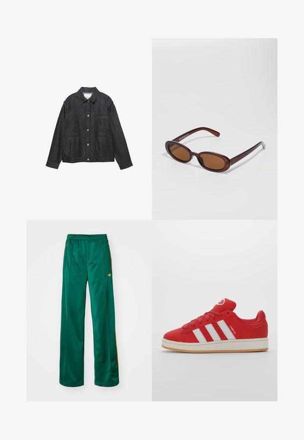 Tamni traper jakna s ovratnikom, zatvaranjem na dugmad, dva prednja džepa i dugim rukavima. Glatka tekstura i minimalni dizajnerski detalji.; Crvena kamizola izrađena od glatkog materijala, s tankim podesivim trakama i ravnim rubom. Nema dodatnih uzoraka ili detalja.; Zelene satenice sportske hlače sa opuštenim krojem, s žutim prugama i izvezenim logotipom s lijeve strane. Elastična pojas.; Crvene nubuk tenisice s tri bijele pruge, gumeni đon, zaobljen vrh i podstavljeni jezik, s detaljem "CAMPUS" na strani.; Okvir okruglih, smeđkastih sunčanih naočala s sjajnim burgundskim okvirom. Uski nositelji s suptilnim brendiranjem. Ravna leća.