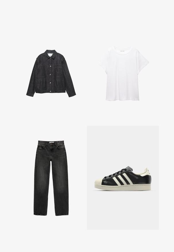 Tumma farkkutakki, jossa on kaulus, nappikiinnitys, kaksi etutaskua ja pitkät hihat. Sujuva pinta ja minimaalinen muotoilun yksityiskohtaisuus.; Valkoinen T-paita, joka on valmistettu pehmeästä ja kevyestä kankaasta. Omistaa pyöreän kaula-aukon ja lyhyet, leveät hihat rentoa istuvuutta varten. Ei näkyviä kuvioita.; Mustat farkut rentoa istuvuutta, suora lahje, viisi taskua ja hieman haalistunut pinnan rakenne. Napin ja vetoketjun sulku edessä.; Musta nahkasneakeri, jossa on valkoiset raidat, kuminen varvassuoja, mustat nauhat ja kermaisa ulkopohja. Suora pinta ja kiiltävä viimeistely.