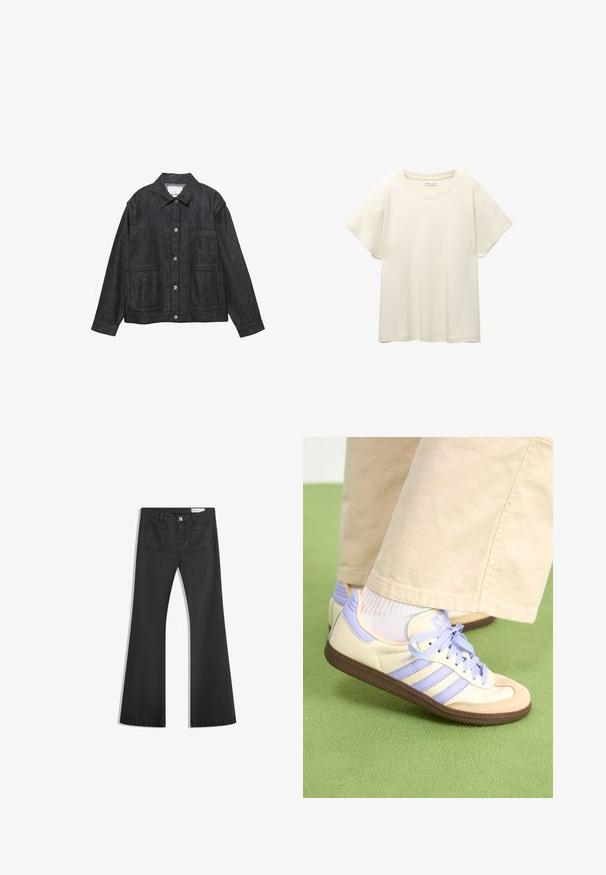 Tamni traper jakna s ovratnikom, zatvaranjem na dugmad, dva prednja džepa i dugim rukavima. Glatka tekstura i minimalni dizajnerski detalji.; Svijetlo bež majica kratkih rukava s okruglim izrezom, izrađena od meke, glatke tkanine. Karakterizira je opušteni kroj i ravni rub.; Crne široke traperice od denima s glatkom teksturom, s dva stražnja džepa i kopčanjem na dugme u struku.; Kremasto-ljubičaste tenisice s tri pruge i strukturiranim smeškim potplatom, s vezicama i podstavljenim petom. Mekana gornja tkanina.