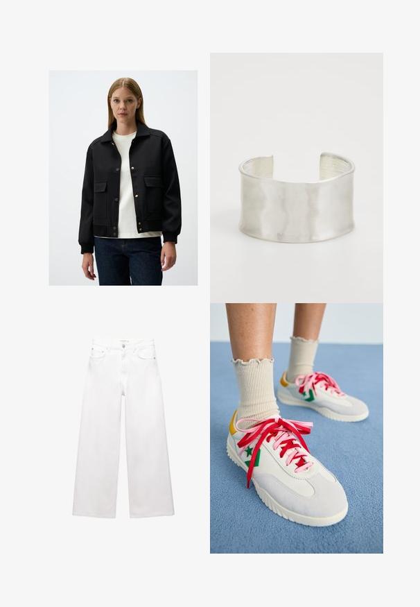 Black bomber jacket with a collared neckline, snap buttons, side pockets, ribbed cuffs, and a smooth texture. Worn over a white t-shirt.; White long-sleeve top with a round neckline, made from soft fabric, featuring minimal stitching details and a relaxed fit.; White wide-leg jeans made of cotton, featuring a high waist, five-pocket design, and brass hardware accents. Smooth, non-distressed texture.; White and gray sneakers with red and pink laces, green star accents, and a yellow heel tab. Worn with ribbed beige socks. Blue background.; Zign Bracelet - silver-coloured