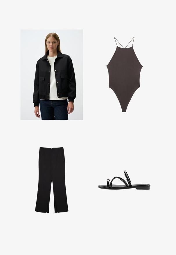 Schwarze Bomberjacke mit einem Kragen, Druckknöpfen, Seitentaschen, gerippten Bündchen und einer glatten Textur. Getragen über einem weißen T-Shirt.; Brauner, hochgeschlossener Badeanzug mit dünnen, verstellbaren Trägern; zeichnet sich durch einen hohen Beinschnitt und eine glatte Textur aus. Keine Muster oder Verzierungen.; Schwarze Hose mit geradem Schnitt, ausgestattet mit Fronttaschen und Seitenschlitzen am Saum. Hergestellt aus weichem, glattem Stoff. Geeignet für verschiedene Anlässe.; Schwarze flache Sandalen mit glänzender Oberfläche, drei dünnen Riemen und einem runden Hardware-Detail an den Zehen. Elegantes Design mit einem minimalen Absatz.