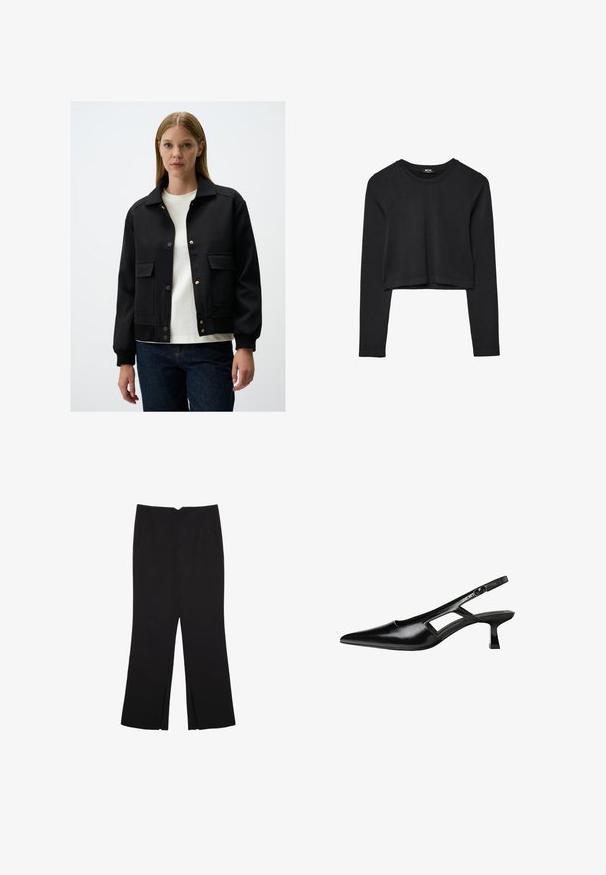 Schwarze Bomberjacke mit einem Kragen, Druckknöpfen, Seitentaschen, gerippten Bündchen und einer glatten Textur. Getragen über einem weißen T-Shirt.; Schwarzes, langärmliges, kurz geschnittenes Oberteil mit Rundhalsausschnitt, schlichter Gestaltung und leicht abgerundetem Saum.; Schwarze Hose mit geradem Schnitt, ausgestattet mit Fronttaschen und Seitenschlitzen am Saum. Hergestellt aus weichem, glattem Stoff. Geeignet für verschiedene Anlässe.; Schwarze Lackleder-Slingback-High Heels mit spitzer Zehenform, ausgeschnittenem Seitendesign und kleinem Blockabsatz. Glatte Textur mit minimalen Akzenten.