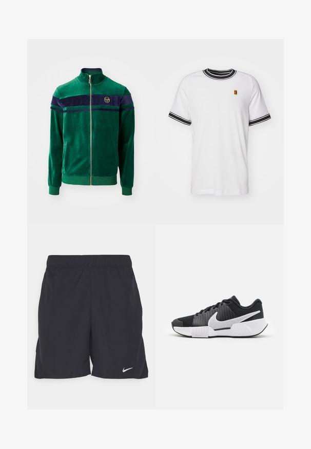 Sergio Tacchini DAMARIND TRACKTOP - Träningsjacka - rainforest/maritime blue; Vit kortärmad t-shirt med svart randig krage och ärmslut. Har en liten, färgglad logotyp på bröstet. Tillverkad av meshmaterial.; Svarta sportbyxor i lättviktig tyg, med elastisk midja och en liten vit Nike-logotyp på nedre vänstra sidan.; Svarta träningsskor med en texturerad ovandel, vit swoosh-logotyp, vadderad häl och en kontrasterande vit sula med ett zickzack-mönster.