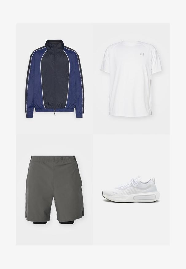 Marinblå vindjacka med vit piping, hög krage, blixtlås fram och elastiska ärmar. Har ett glatt, lätt tyg.; Vit kortärmad träningsskjorta tillverkad av mjukt tyg. Har rund halsringning och en grå logo på vänster bröst, med sidoflikar vid fållen.; Grå idrottsshorts med ett slätt, lättviktigt tyg och resårmidja, med inre kompressionsshorts och sidofickor.; Vit sportskor med en texturerad stickad ovandel, snörning, vadderad sula och en distinkt varumärkesdetalj på sidan.