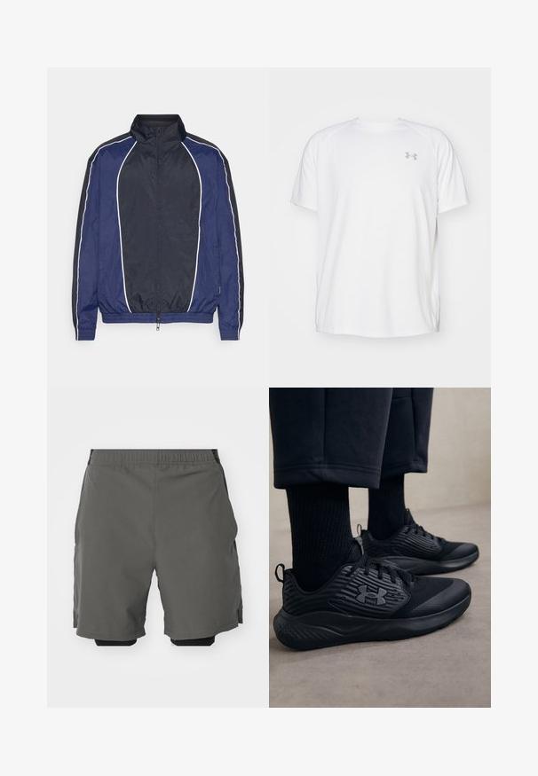 Jūras spēku vējjaka ar baltu apdari, augstu apkakli, priekšējo rāvējslēdzēju un elastīgām piedurknēm. Izgatavota no gludas, vieglas auduma.; Baltas īsajiem piedurknēm sporta krekls, izgatavots no gludas auduma. Tam ir apaļa kakla izgriezums un pelēks logo uz kreisās krūtis, kā arī sānu šķēlumi apakšmalā.; Pelēki sporta šorti ar gludu, vieglu audumu un elastīgu jostasvietu, kurām ir iekšējas kompresijas šorti un sānu kabatas.; Persona, kurš valkā melnus sporta apavus ar teksturētām sāniem un logo, kombinēti ar melnām zeķēm un īsām biksēm uz gaišas grīdas.