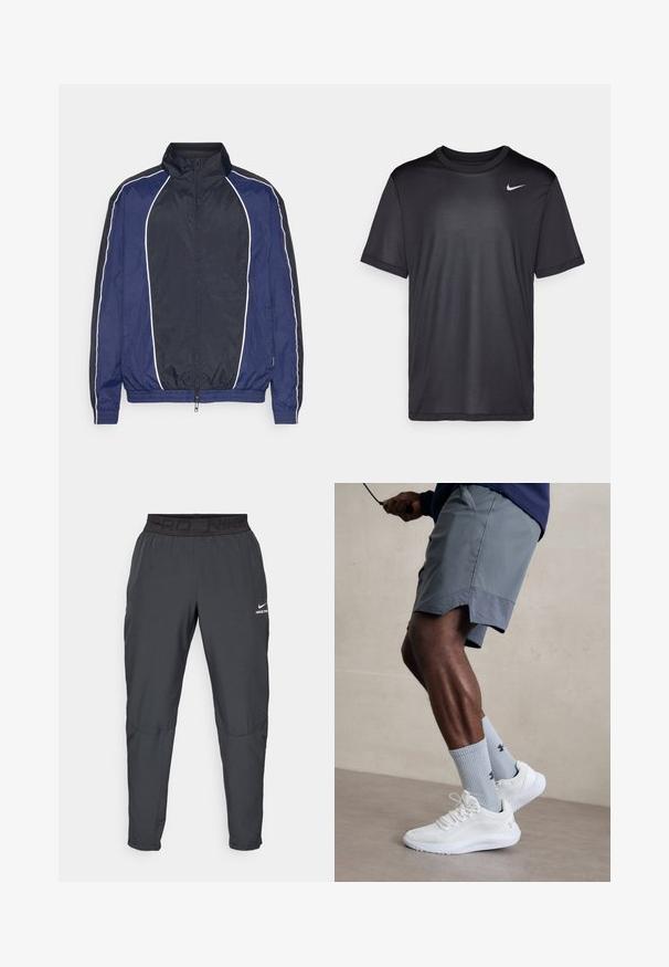 Jūros pajėgų vėjo nepraleidžianti striukė su baltais apvadais, aukštu kaklu, priekiniais užtrauktukais ir elastinėmis rankogaliais. Pagaminta iš sklandžios, lengvos medžiagos.; Juodas sportinis marškinėliai su trumpomis rankovėmis, apvaliu kaklu, pagaminti iš lygaus audinio. Ant viršutinio kairiojo kampo yra mažas baltas Nike logotipas.; Nike Pro kelnės tamsiai pilkos spalvos, su juodu elastingu juosmeniu, ant kurio matyti "PRD" ir "NIKE PRO" tekstai, lygia medžiaga, siaurėjančiu dizainu ir subtiliais siuvinėjimo akcentais.; Balti sportiniai bateliai su tekstūruotu tinkleliu viršuje, derinami su šviesiai mėlynomis ribotomis kojinėmis su logotipu. Pilki sportiniai šortai su perforuota apdaila.