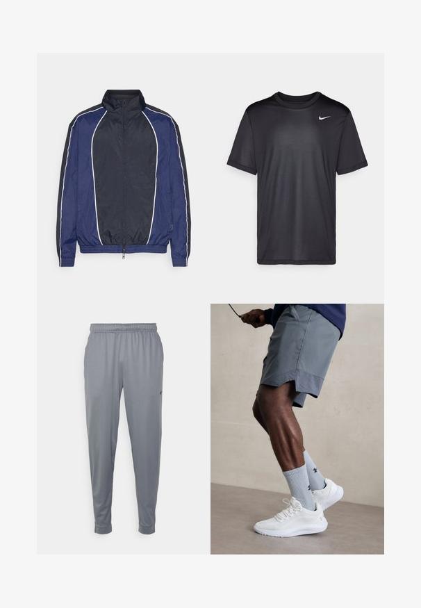 Jūras spēku vējjaka ar baltu apdari, augstu apkakli, priekšējo rāvējslēdzēju un elastīgām piedurknēm. Izgatavota no gludas, vieglas auduma.; Melna sporta t-krekls ar īsām piedurknēm, apaļu kakla izgriezumu, izgatavots no gludas auduma. Uz kreisās puses augšējā daļā ir neliels balts Nike logotips.; Pelēki sporta bikses, kas izgatavotas no viegla auduma, ar elastīgu jostu, saplacinātām kājām un mazu logotipu sānos.; Baltas sporta apavu pāris ar strukturētu acs virsu, apvienots ar gaiši zilo riboto zeķu pāri, kurā ir zīmols. Pelēki sporta šorti ar perforētu apdari.