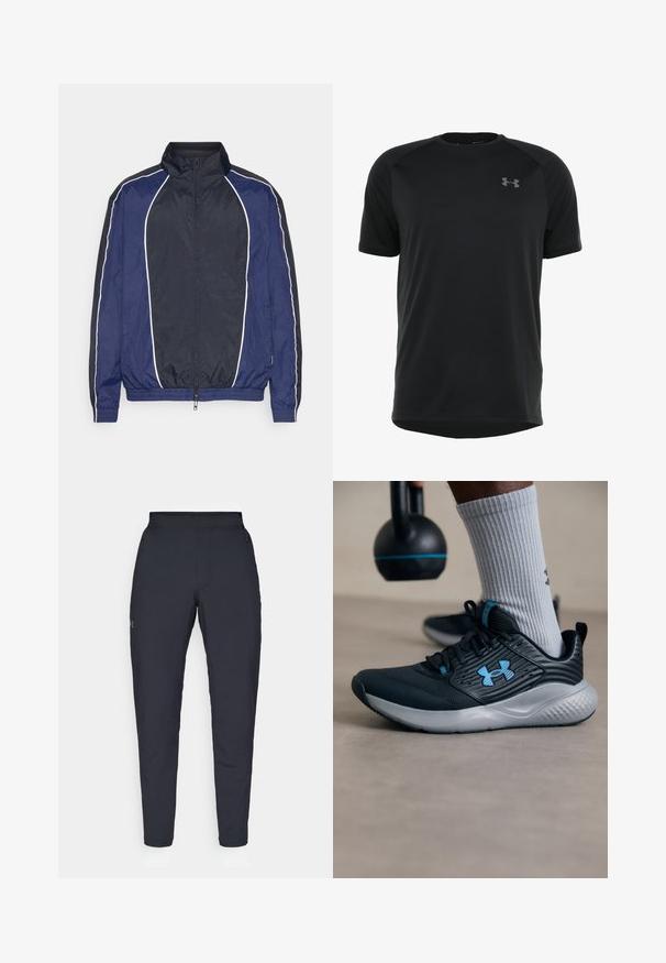 Tummansininen tuulenpitävä takki, jossa on valkoinen pehmuste, korkea kaulus, etuvetoketju ja elastiset hihansuut. Takissa on sileä, kevyt kangas.; Musta lyhythihainen urheilu paita, joka on valmistettu sileästä ja kevyestä kankaasta. Paitassa on pyöreä kaula-aukko ja huomaamaton logo rinnassa.; Mustat urheiluhousut, joissa on sileä pinta, kapea malli, joustava vyötäkuja ja sivutaskut. Vasemmassa reisissä on pieni logo.; Mustat urheilukengät sinisillä yksityiskohdilla, teksturoitu pinta ja harmaa pohja. Vaatteena harmaat ribbited socksit, mustan kettlebellin vieressä.