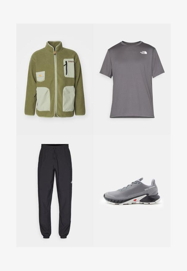 Icepeak YENTL - Fleecejakke - olive; Grå kortermet treningst-skjorte laget av glatt, lett stoff. Har en hvit logo på venstre brystområde. Rund halsdesign.; Sorte idrettsbukser laget av lett stoff, med snor i livet, sidelommer og smale mansjetter ved anklene.; Grå løpesko med teksturert mesh-overdel, svart og hvit gummisåle, og rød aksent nær hælen. Har lisser og støttende design.