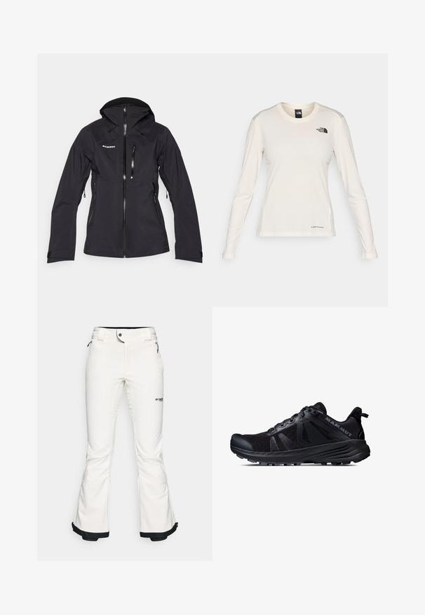 Veste imperméable noire avec capuche ajustée, fermeture éclair sur le devant et plusieurs poches zippées. Texture lisse et poignets ajustables.; The North Face SHADOW LONG SLEEVE - T-shirt à manches longues - white dune; Pantalon de ski blanc en matériau doux et flexible. Présente une taille ajustée, des jambes larges évasées et une bordure noire aux poignets. Logo de la marque visible.; Botte de trail running noire avec une tige en mesh et une semelle en caoutchouc. Présente des superpositions texturées, une coque de protection renforcée et un logo de la marque sur le talon.