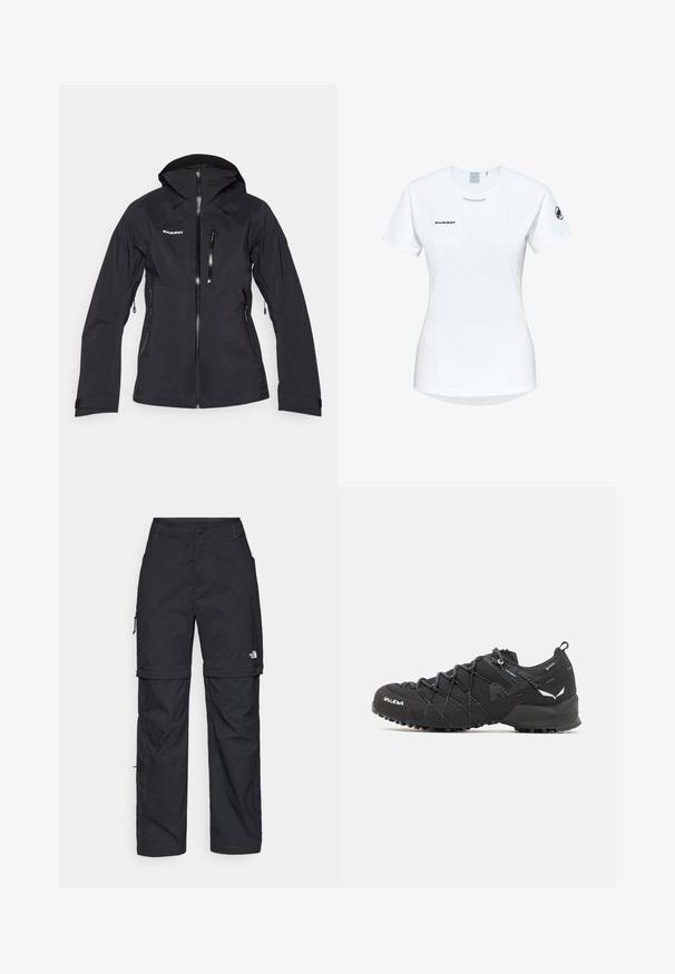 Veste imperméable noire avec capuche ajustée, fermeture éclair sur le devant et plusieurs poches zippées. Texture lisse et poignets ajustables.; T-shirt de sport à manches courtes, blanc, avec un col rond, arborant un logo sur la poitrine et une texture de tissu lisse et léger.; Pantalons cargo en nylon noir, à zip amovible, avec chevilles ajustables, plusieurs poches et un logo sur la jambe droite. Texture lisse et légère.; Chaussures de randonnée noires avec une tige en tissu texturé, un système de laçage et une semelle en caoutchouc robuste. Agrémentées de détails réfléchissants et de logos.
