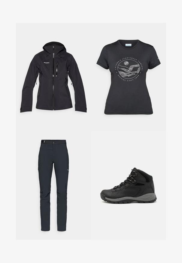 Veste imperméable noire avec capuche ajustée, fermeture éclair sur le devant et plusieurs poches zippées. Texture lisse et poignets ajustables.; T-shirt noir Columbia avec un dessin linéaire blanc de montagne et de rivière en cercle et le texte "Columbia Sportswear Company À l'extérieur depuis 1938."; Pantalons de plein air pour hommes, gris foncé, fabriqués en matériau flexible, dotés d'une ceinture, de poches zippées et de coutures renforcées.; Botte de randonnée noire au design mi-haut, avec un dessus texturé, des accents gris et une semelle en caoutchouc durable avec des crampons de traction.
