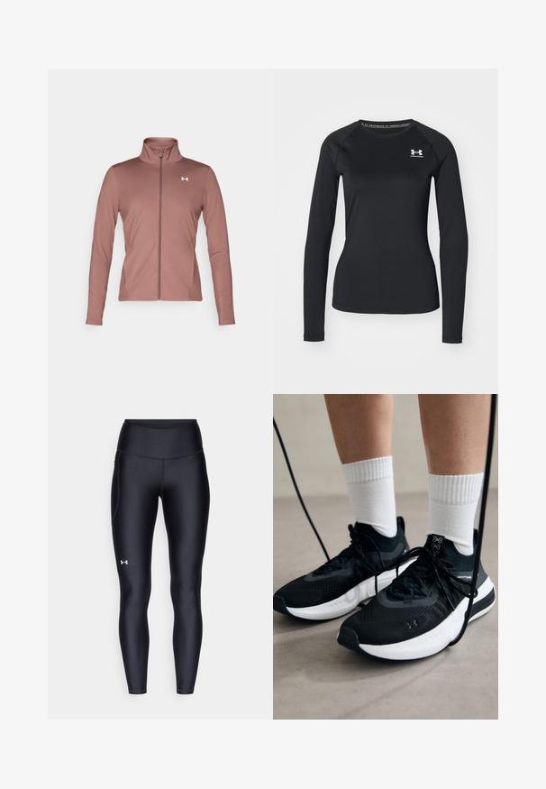 Marl-värgad långärmad jacka med slim fit, hög krage, hel dragkedja och vit logotyp på bröstet. Mjuk, slät tyg.; Musta pitkähihainen urheilupaita, joka on valmistettu sileästä kankaasta. Paidassa on pyöreä kaula-aukko ja pieni valkoinen logo vasemmalla rinnalla.; Mustat legginsit, jotka on valmistettu sileästä ja venyvästä materiaalista, korkealla vyötäröllä. Vasemmassa reidessä on valkoinen logo ja istuva muotoilu.; Mustat urheilukengät, joissa on teksturoitua kangasta, valkoiset pohjat ja mustat nauhat. Yhdistetty valkoisten urheilusukkien kanssa, seisten vaalealla pinnalla.