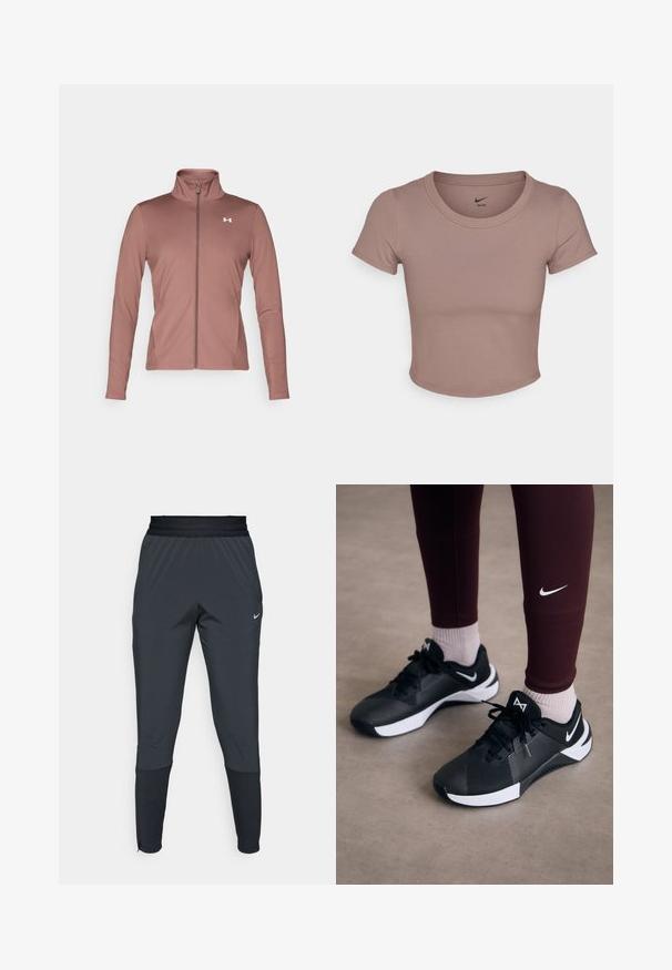 Marl-farget langermet jakke med slim fit, høy krage, hel glidelås, og hvit logo på brystet. Mykt, glatt stoff.; Brun cropped t-skjorte laget av glatt stoff, med rund hals og korte ermer. Nike-logo trykket inne i kragen.; Nike treningsbukser i mørkegrå, med en tapered ben design, elastisk midjebånd og detaljert dekorasjon nær mansjettene.; Svarte joggesko med en strukturert overdel og hvite detaljer, med snøring og logo på siden. Brukt med maroon leggings og lyse sokker.