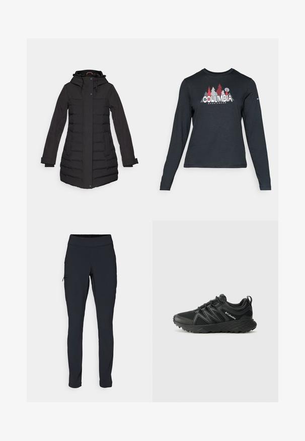 Cappotto imbottito nero con cappuccio, chiusura con zip e bottoni, tasche laterali, accenti a costine e maniche lunghe, progettato per il calore.; Maglietta a maniche lunghe grigia scura con una grafica di alberi rossi e montagne; logo "COLUMBIA" in caratteri bianchi in grassetto. Tessuto morbido, scollatura a girocollo standard.; Pantaloni sportivi neri con vestibilità aderente, vita elastica e una tasca laterale con zip. Tessuto liscio e elasticizzato con cuciture minime.; Columbia PEAKFREAK - Scarpa da hiking - black